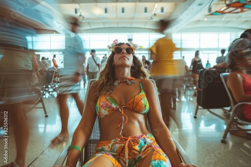 joven de 25 años con ropa veraniega y colorida sentada en una sala de espera de la puerta de embarque del aeropuerto, rodeada de gente photo