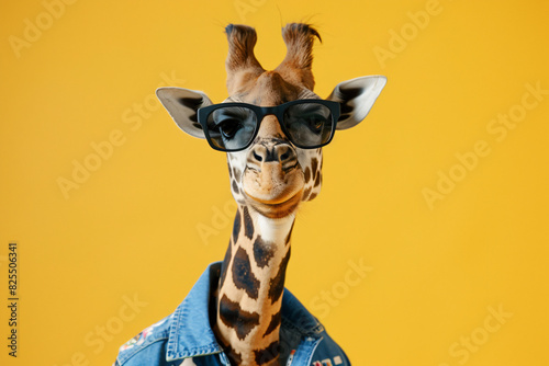 A giraffe wearing a yellow jacket and blue hoodie with sunglasses on its face. The giraffe is posing for a photo, giving off a fun and playful vibe photo