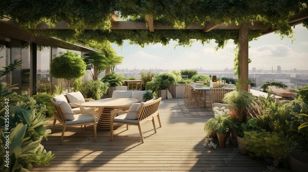 A photo of a rooftop terrace with seating and greenery