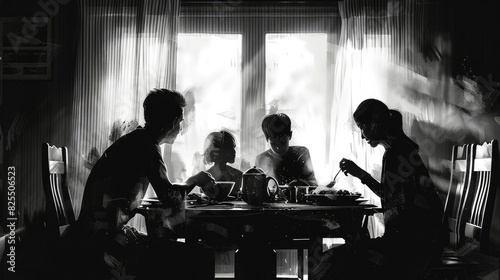 Una familia en la mesa de cena cenando juntos. Destacando el juego de sombras de los elementos cercanos. Creado con: líneas finas, blanco y negro, sombras urbanas, fondos de elementos detallados,