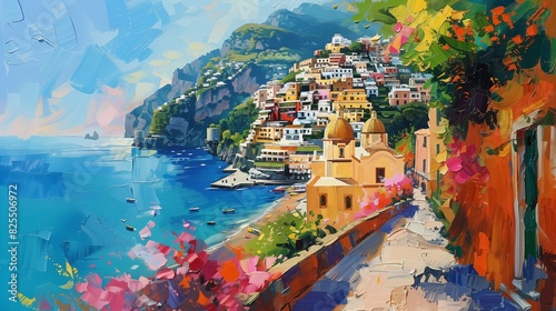 Beautiful painting post card view of the town of Positano from antique terrace with flowers photo