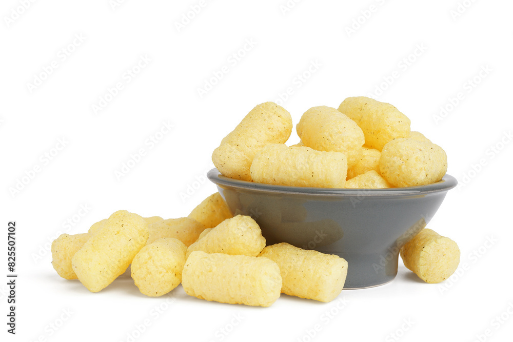Bowl with tasty corn sticks on white background Bowl with tasty corn sticks on white background