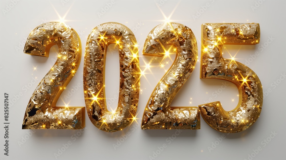 Holiday illustration of golden metallic shiny numbers 2025 on white background. Happy New 2025 Year Holiday illustration of golden metallic shiny numbers 2025 on white background. Happy New 2025 Year