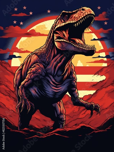 T-shirt design graphic featuring a dinosaur holding an American flag triumphantly overhead, against the backdrop of a vibrant sunset sky photo