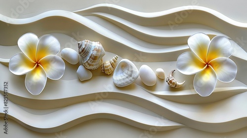   Seashells atop white wave with flower accents