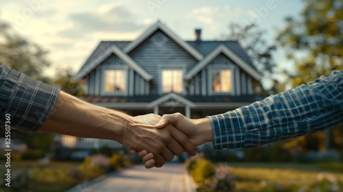 Close-up of people shaking hands after successful deal of sold house in background, Real Estate