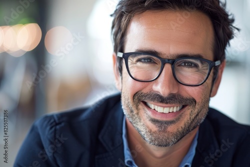 A man wearing glasses is smiling and looking at the camera