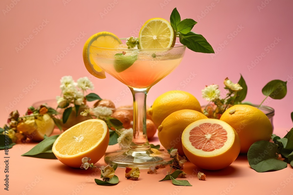 Fototapeta premium Refreshing lemon cocktail with rosemary garnish served in a martini glass.
