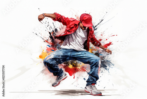 A young man jumping against a background of bright colors.
Concept: Energy, creativity, dance, street art, youth culture, self-expression