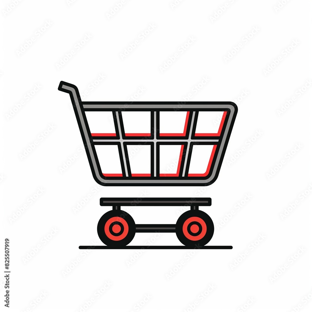 A shopping cart with a red wheel. The cart is on a white background