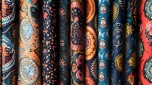 An array of seamless pattern designs for fabric printing, each featuring intricate motifs and vibrant color palettes.