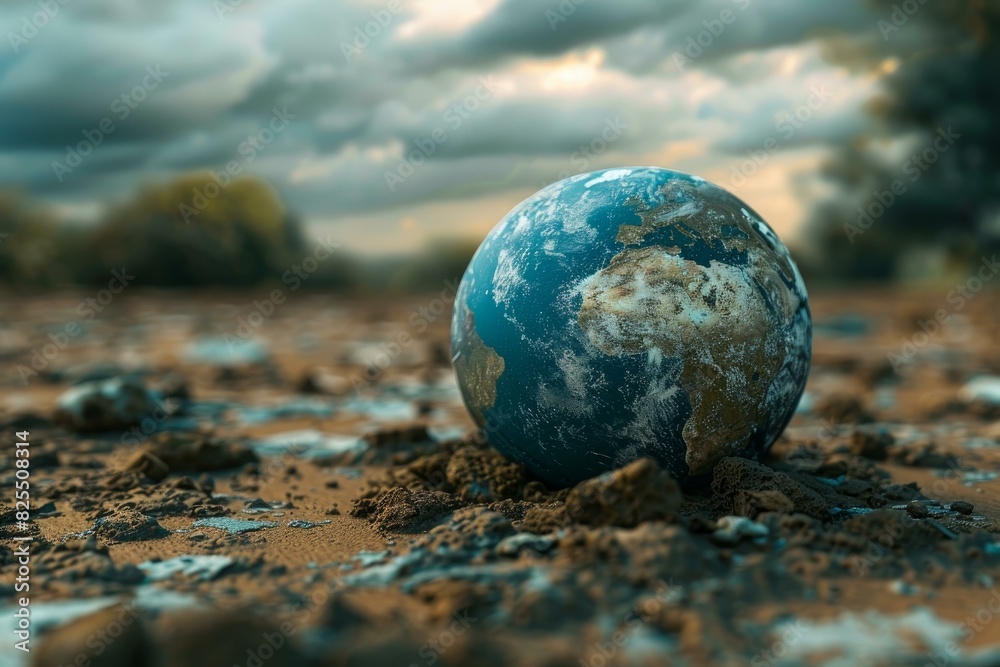 Conceptual image of earth sitting on cracked soil under a dramatic sky Conceptual image of earth sitting on cracked soil under a dramatic sky