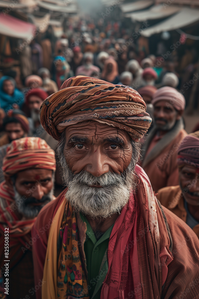 Elderly Man in Traditional Attire at Bustling Outdoor Market in Daytime