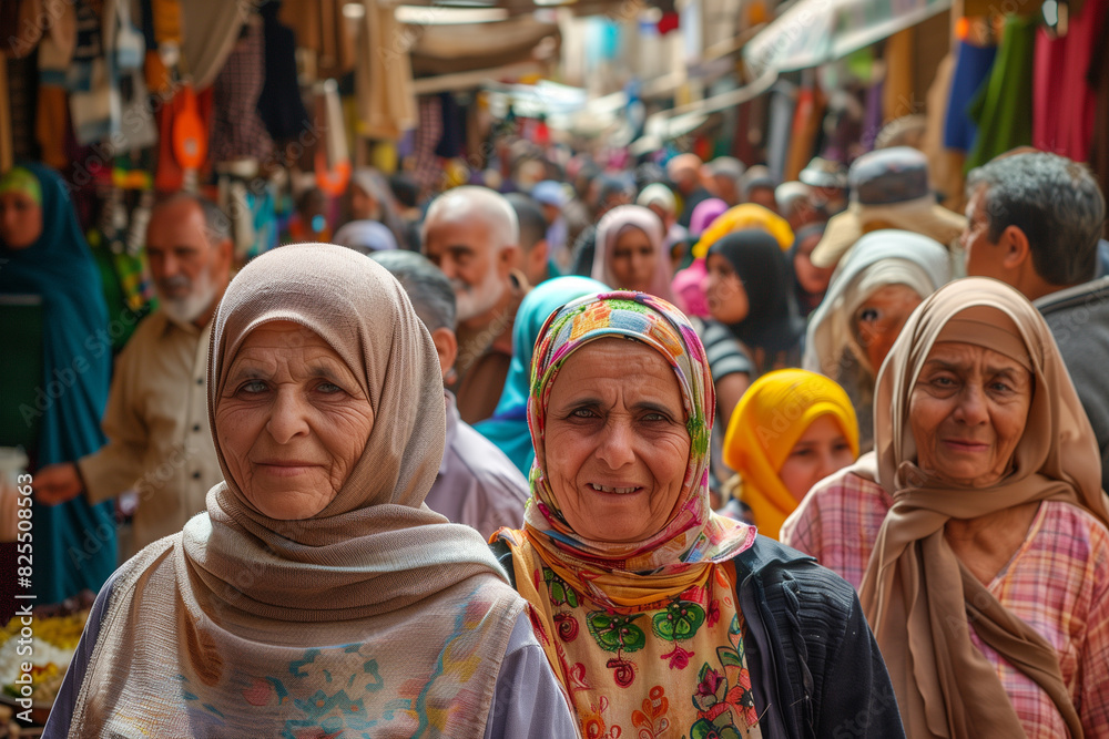 Women in Traditional Attire Walking Through a Lively Market in Warm Afternoon Sun