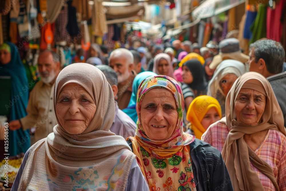 Women in Traditional Attire Walking Through a Lively Market in Warm Afternoon Sun Women in Traditional Attire Walking Through a Lively Market in Warm Afternoon Sun