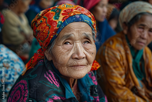 Elderly Woman in Traditional Colorful Headscarf at Outdoor Market in Rural Asia During Daytime