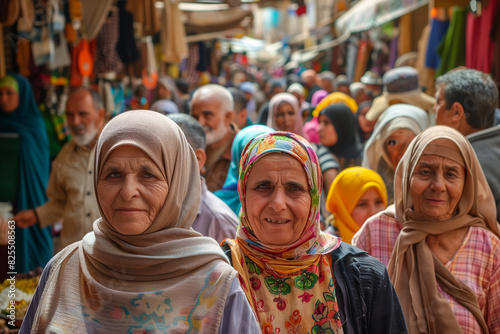 Women in Traditional Attire Walking Through a Lively Market in Warm Afternoon Sun