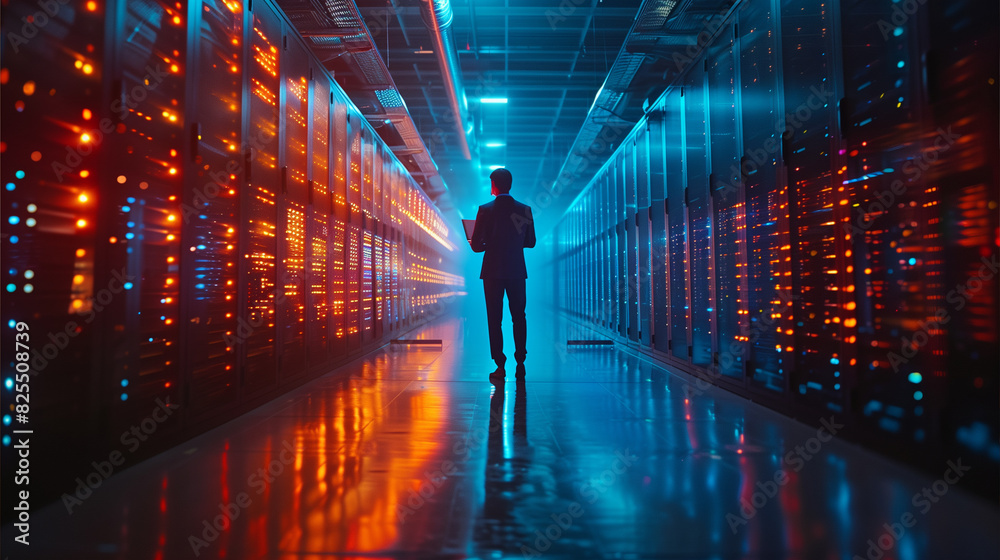 Man Standing in Long Hallway in Data Center Man Standing in Long Hallway in Data Center