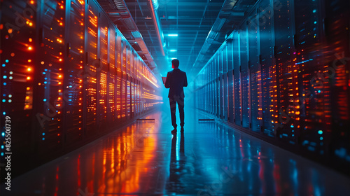 Man Standing in Long Hallway in Data Center
