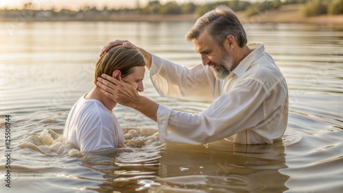 A serene image of a baptism tradition, showing the act of immersion in water and the joy of the baptized, representing cleansing and rebirth. Ideal for church bulletins or religious events. photo