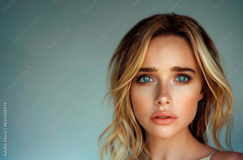 A young woman with expressive blue eyes and blond hair looks at the camera. facial expression and background create an atmosphere of thoughtfulness and introspection