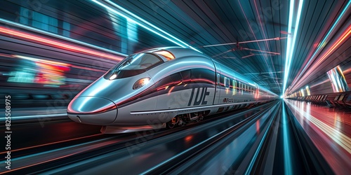 High-speed train speeding through a futuristic-looking station with motion blur effects