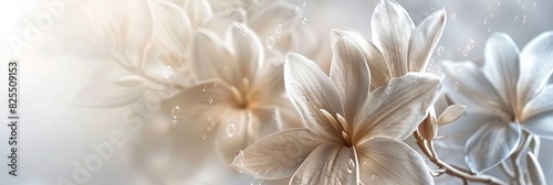 Soft focus white flowers with water droplets on a light  gentle abstract background