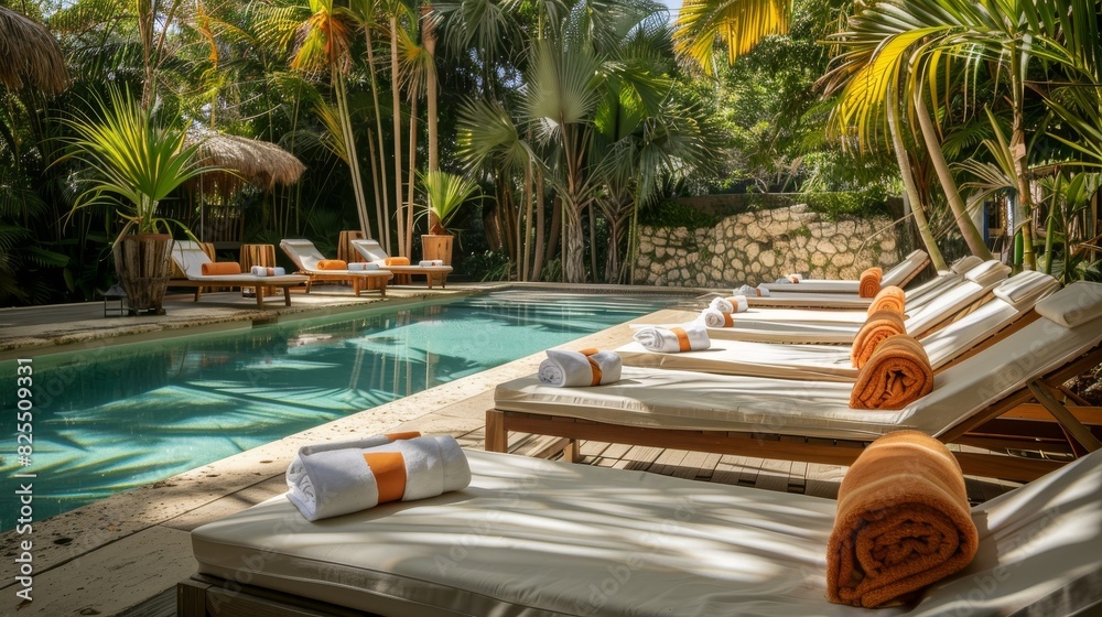 Obraz premium Luxury tropical resort poolside with loungers and towels amidst lush greenery
