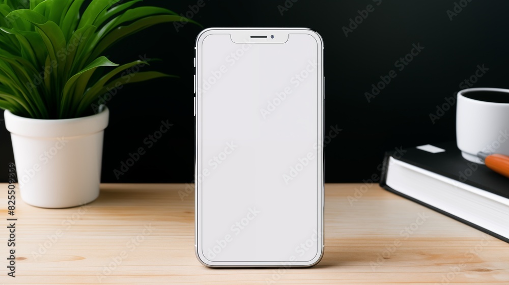 White Smartphone with Blank Screen on Wooden Desk with Plant, Book, and Coffee Cup White Smartphone with Blank Screen on Wooden Desk with Plant, Book, and Coffee Cup