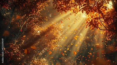 The fiery colors of autumn leaves in a forest  with sunlight filtering through the canopy.