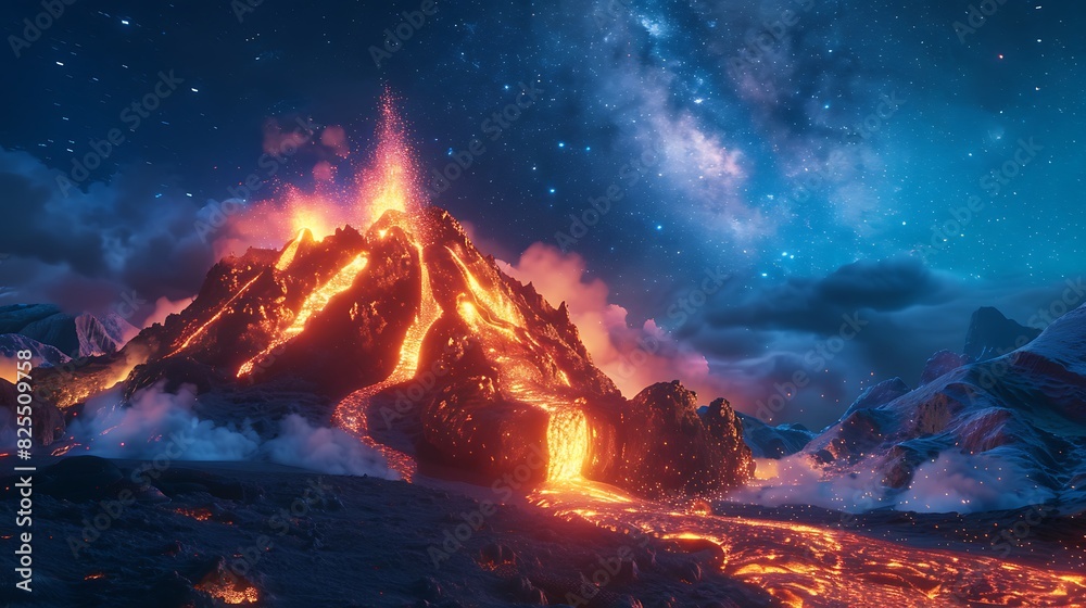 The fiery spectacle of a volcano erupting at night, lava flowing down its slopes under a starry sky.