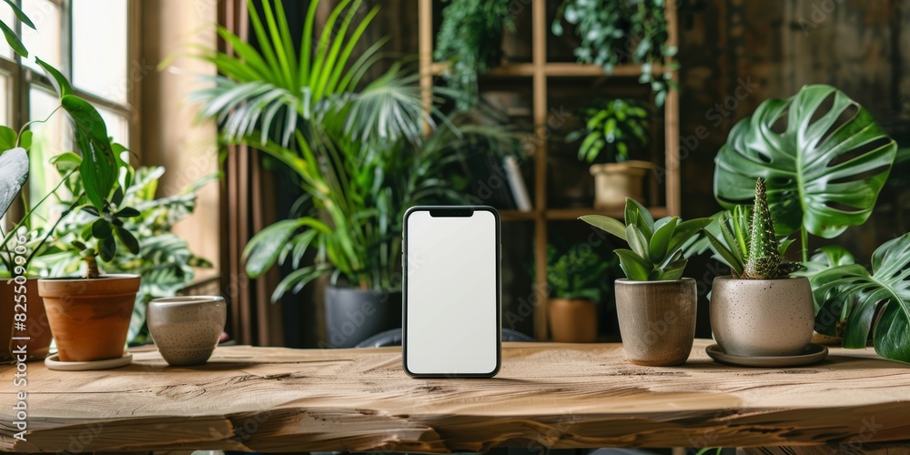 Smartphone with a blank white screen on a wooden desk surrounded by potted plants Smartphone with a blank white screen on a wooden desk surrounded by potted plants