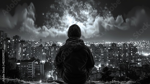 A person sitting on a hill looking at the city lights, AI photo
