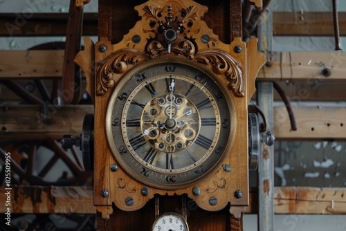 Closeup of an intricate vintage wooden clockwork mechanism with ornate carving and detailed woodwork, showcasing the craftsmanship and precision of traditional timekeeping