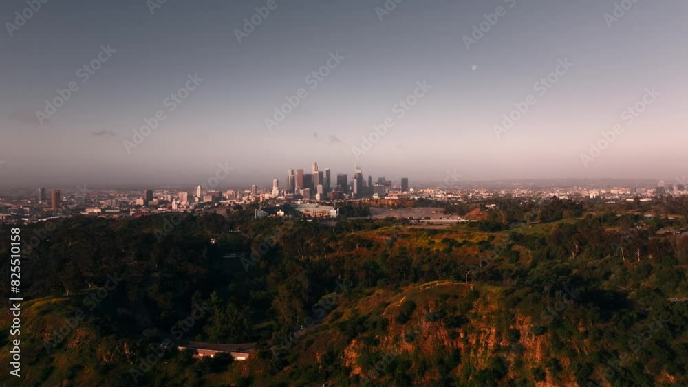 Panoramic aerial view of Downtown Los Angeles California during sunrise