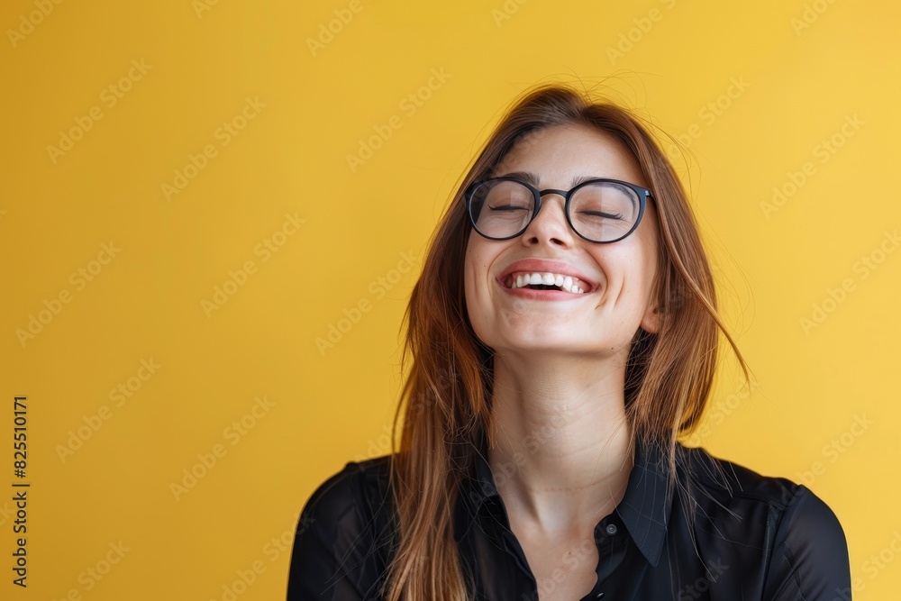 A woman with glasses is smiling and laughing
