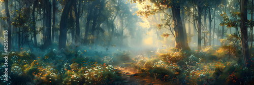 Misty Forest Wonderland with Sunlit Canopy, Colorful Wildflowers, and Inviting Pathway for Tranquil Exploration photo
