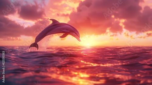 The graceful arc of a dolphin leaping out of the ocean at sunrise  against a backdrop of pink and orange skies.