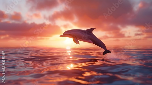 The graceful arc of a dolphin leaping out of the ocean at sunrise, against a backdrop of pink and orange skies.
