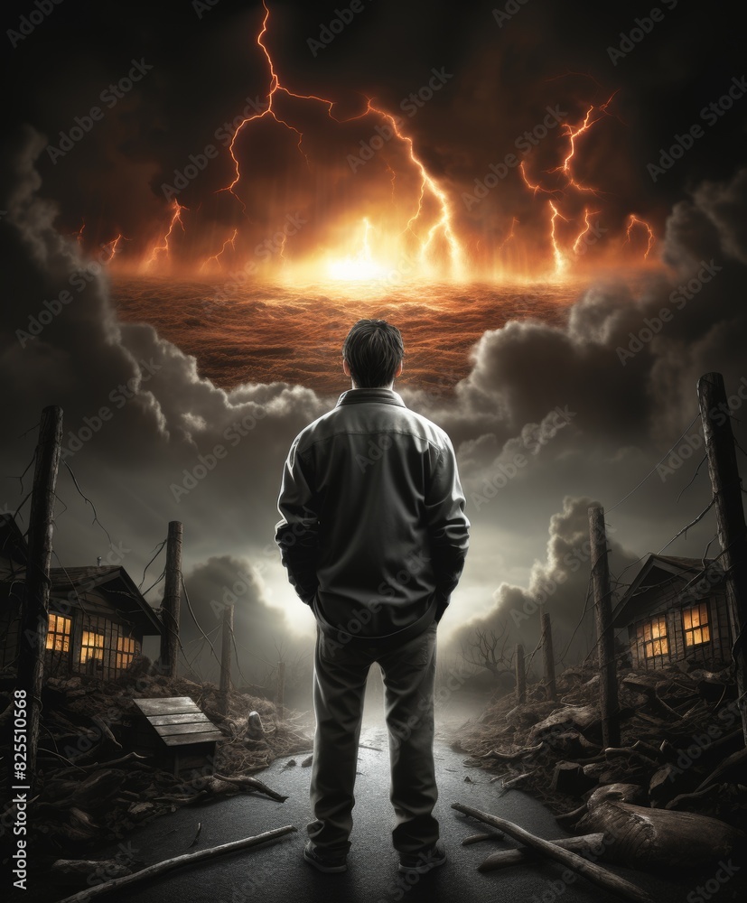 Obraz premium A man stands on a destroyed street and looks at a stormy sky with lightning and sunset. cover of books, films and games in the post-apocalyptic genre of global climate change, visualization of lonelin
