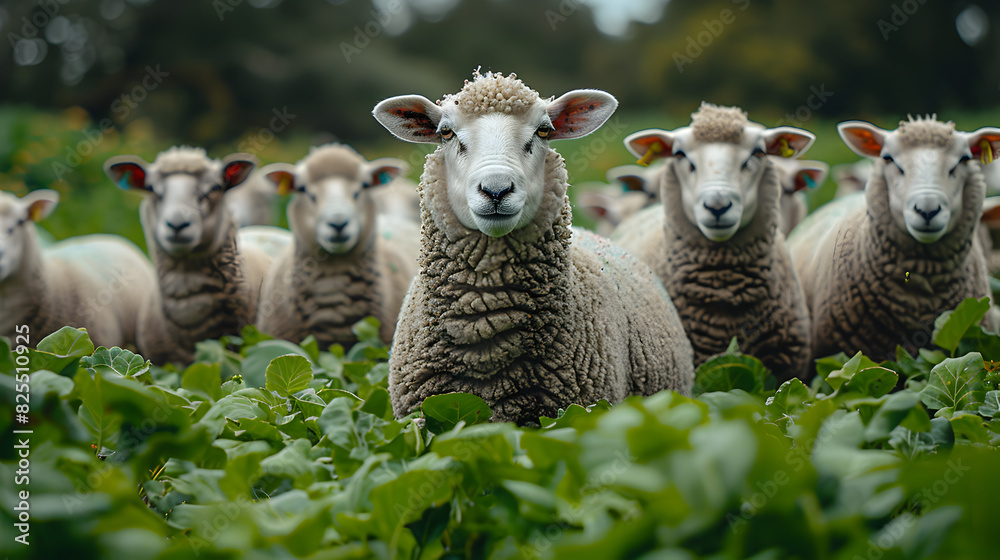 Obraz premium Herd of Sheep Grazing on a Grassy Field
