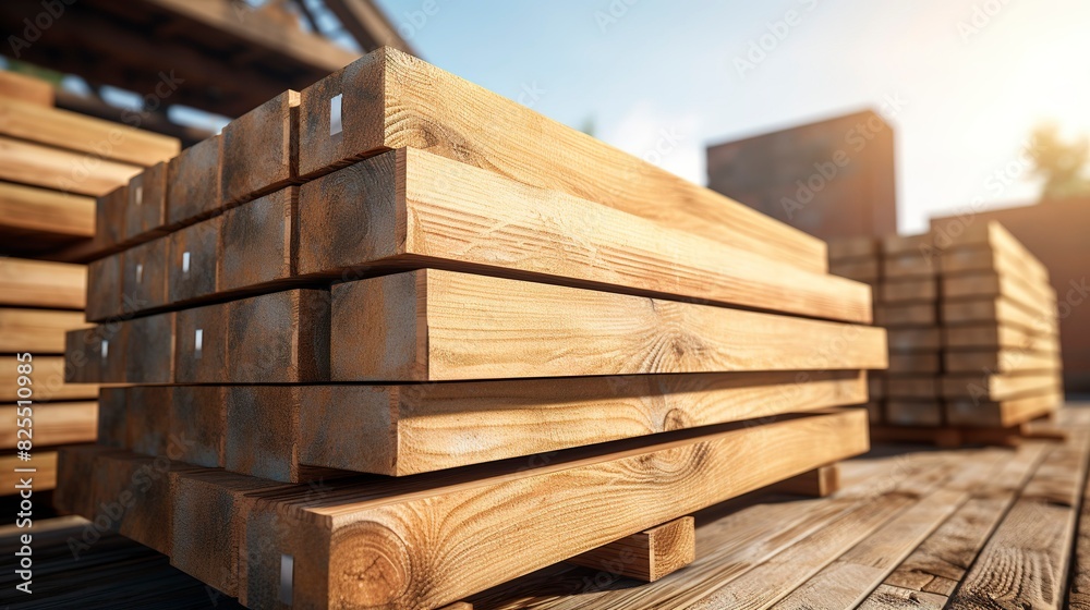 A photo of a stack of wooden planks on a building site