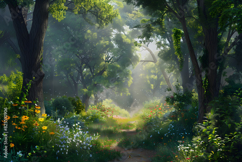 Misty Forest Wonderland with Sunlit Canopy, Colorful Wildflowers, and Inviting Pathway for Tranquil Exploration