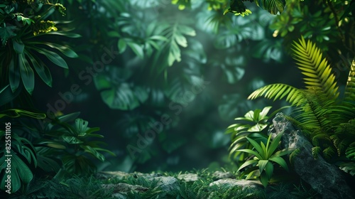 3D render of a tropical jungle scene with lush greenery and ambient lighting  suitable for nature-themed designs  backgrounds  and illustrations.