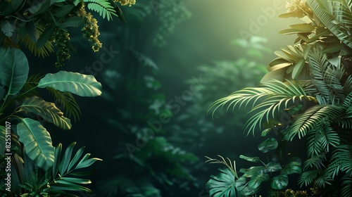 3D render of a tropical jungle scene with lush greenery and ambient lighting  suitable for nature-themed designs  backgrounds  and illustrations.