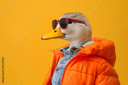 A duck wearing sunglasses and a jacket photo