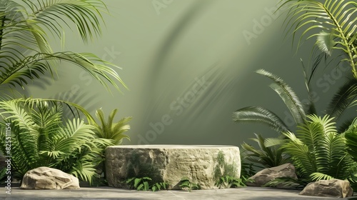 3D render of an outdoor scene with lush greenery featuring a stone platform  perfect for nature-themed designs  backgrounds  and illustrations.