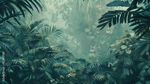 Illustration of a wild tropical jungle in muted green colors realistic hyperrealistic