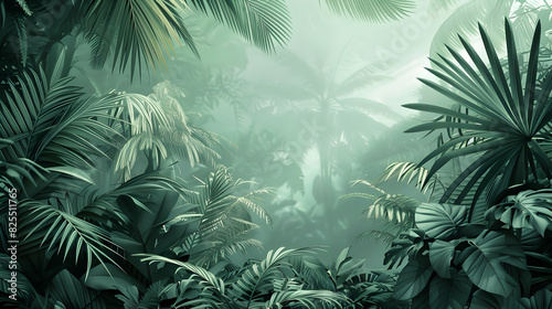 Illustration of a wild tropical jungle in muted green colors realistic hyperrealistic