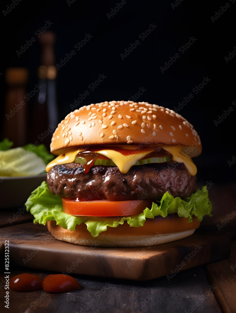 Savory Cheeseburger Stack: Layers of Flavor on a Dark Background Savory Cheeseburger Stack: Layers of Flavor on a Dark Background